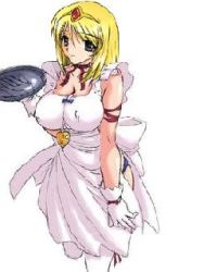 Rule 34 | 00s, 1girl, aliasing, apron, black panties, blonde hair, breasts, cleavage, cropped legs, galaxy angel rune, gloves, impossible apron, impossible clothes, kahlua marjoram, large breasts, looking at viewer, lowres, neck ribbon, panties, ribbon, simple background, solo, standing, tagme, tray, underwear, white background
