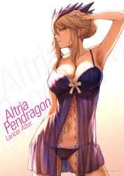 Rule 34 | 1girl, arm up, armpits, artoria pendragon (fate), artoria pendragon (lancer alter) (fate), babydoll, bare shoulders, blonde hair, braid, breasts, character name, collarbone, double bun, fate/grand order, fate (series), french braid, hair between eyes, hair bun, hand in own hair, highres, lace, lace-trimmed panties, lace trim, large breasts, lingerie, long hair, looking at viewer, mashuu (neko no oyashiro), open mouth, panties, parted lips, sidelocks, simple background, solo, standing, underwear, underwear only, yellow eyes