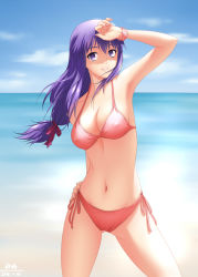 Rule 34 | 10s, 1girl, 2016, artist name, bikini, breasts, cleavage, dated, covered erect nipples, fate/stay night, fate (series), gluteal fold, groin, groin tendon, hand on forehead, hand on own hip, matou sakura, navel, ocean, purple eyes, purple hair, rna (angel-smelter), sand, side-tie bikini bottom, smile, solo, swimsuit, teeth, type-moon, water