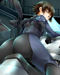 Rule 34 | 10s, 1girl, absurdres, ass, black bodysuit, black scarf, blunt bangs, bodysuit, braid, breasts, brown hair, closed mouth, crown braid, foreshortening, from behind, hangar, highres, indoors, leaning forward, looking at viewer, motor vehicle, motorcycle, nemu (nebusokugimi), niijima makoto, persona, persona 5, railing, red eyes, scarf, serious, shoulder spikes, sitting, skin tight, small breasts, solo, spikes, straddling
