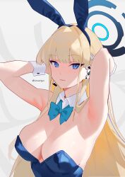 Rule 34 | 1girl, absurdres, animal ears, aqua bow, armpits, arms behind head, arms up, bare arms, bare shoulders, blonde hair, blue archive, blue bow, blue eyes, blue halo, blue leotard, bow, bowtie, braid, breasts, cleavage, earpiece, earrings, eyelashes, fake animal ears, futsukayoi, halo, highres, jewelry, large breasts, leotard, light blush, long hair, looking at viewer, mechanical halo, microphone, multicolored hair, playboy bunny, rabbit ears, sailor collar, simple background, solo, streaked hair, stud earrings, toki (blue archive), toki (bunny) (blue archive), very long hair, white wrist cuffs, wrist cuffs