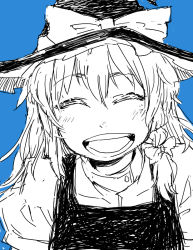 Rule 34 | 1girl, bad id, bad pixiv id, blue background, blue theme, bow, female focus, hair bow, hat, kirisame marisa, monochrome, sketch, smile, solo, touhou, ume (noraneko), witch, witch hat
