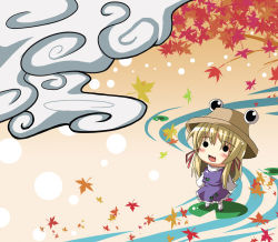 1girl :d animal_print autumn_leaves blonde_hair chibi female_focus frog_print hair_ribbon leaf lily_pad looking_up mintmochi_(artist) mochinabe moriya_suwako o_o open_mouth pyonta ribbon smile solid_circle_eyes solo standing touhou