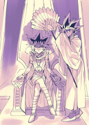 Rule 34 | 2boys, atem, black hair, bright pupils, cape, closed mouth, commentary request, crossed legs, dyed bangs, fushitasu, hand fan, holding, holding fan, indoors, jewelry, looking up, male focus, millennium puzzle, multicolored hair, multiple boys, muto yugi, robe, shoes, sitting, spiked hair, standing, throne, yu-gi-oh!, yu-gi-oh! duel monsters