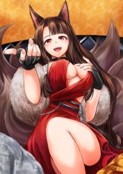 Rule 34 | 1girl, akagi (azur lane), akagi (ruby-laced beauty) (azur lane), akagi (ruby-laced beauty) (azur lane), animal ears, azur lane, black gloves, breasts, brown hair, brown tail, center opening, dashinoya, dress, evening gown, eyeshadow, feather boa, fingerless gloves, fox ears, fox girl, fox tail, gloves, halter dress, halterneck, highres, kitsune, kyuubi, large breasts, large tail, looking at viewer, makeup, multiple tails, official alternate costume, open mouth, red dress, red eyes, red eyeshadow, sleeveless, sleeveless dress, solo, tail
