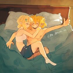 Rule 34 | 1boy, 1girl, bare shoulders, bed sheet, bike shorts, black shorts, blonde hair, blush, braid, closed eyes, couple, crop top, crown braid, drooling, hair ornament, hairclip, hand tattoo, hug, link, lying, messy hair, messy sleeper, mouth drool, nintendo, on back, on bed, on side, pectorals, pillow, pk draws 40, pointy ears, princess zelda, shorts, sidelocks, sleeping, socks, tattoo, the legend of zelda, the legend of zelda: tears of the kingdom, toned, toned male, topless male, triforce tattoo, twitter username, white socks