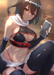 Rule 34 | 1girl, alternate costume, apron, bare shoulders, bikini, black bikini, black garter straps, black gloves, black panties, breasts, brown eyes, brown hair, commentary request, elbow gloves, fingerless gloves, garter straps, gloves, hair between eyes, highleg, highleg bikini, highres, holding, holding phone, kantai collection, knee up, large breasts, looking at viewer, maid, maid bikini, moroheiya (moroheiya-works), navel, open mouth, panties, phone, scarf, sendai (kancolle), sendai kai ni (kancolle), short hair, sitting, solo, swimsuit, two side up, unconventional maid, underwear, waist apron, white scarf