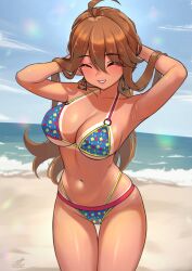 Rule 34 | 1girl, ^ ^, ahoge, armpits, arms up, beach, bikini, blush, breasts, brown hair, c (theta), cleavage, closed eyes, collarbone, groin, highres, idolmaster, idolmaster million live!, large breasts, multicolored bikini, multicolored clothes, navel, o-ring, o-ring bikini, outdoors, patterned clothing, signature, smile, solo, stomach, swimsuit, tan, tanline, thigh gap, tokoro megumi
