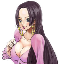 Rule 34 | 1girl, blue eyes, boa hancock, breasts, cleavage, earrings, female focus, jewelry, large breasts, lips, lipstick, long hair, makeup, one piece, simple background, solo, white background