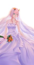 Rule 34 | 10s, 1girl, absurdres, bouquet, bow, bridal veil, closed mouth, collarbone, darling in the franxx, dress, flower, folded hair, green eyes, hair flower, hair ornament, highres, holding, holding bouquet, horns, long dress, pink hair, red horns, simple background, solo, standing, strapless, strapless dress, tiarii art, veil, wedding dress, zero two (darling in the franxx)