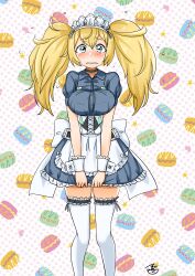 Rule 34 | 1girl, absurdres, adapted costume, alternate costume, apron, blonde hair, blue eyes, blush, breast pocket, breasts, collared dress, corset, dress, embarrassed, enmaided, frilled apron, frills, gambier bay (kancolle), hair between eyes, hairband, highres, kantai collection, large breasts, long hair, macaron background, maid, maid apron, maid headdress, pocket, short sleeves, solo, tears, thighhighs, tsukino murakumo, twintails, waist apron, white apron, white thighhighs