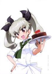 Rule 34 | 10s, 1girl, :d, absurdres, anchovy (girls und panzer), apron, black bow, bow, cake, copyright name, food, girls und panzer, hair between eyes, hair bow, hand on own hip, head tilt, highres, long hair, official art, open mouth, page number, red eyes, silver hair, simple background, smile, solo, standing, twintails, upper body, white apron, white background, yoshida nobuyoshi
