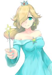 Rule 34 | 1girl, aqua eyes, aqua nails, bare shoulders, blonde hair, breasts, crown, dress, earrings, hair over one eye, holding, holding wand, ippers, jewelry, long hair, looking at viewer, mario (series), medium breasts, nail polish, nintendo, one eye covered, rosalina, simple background, smile, solo, super mario galaxy, wand, white background