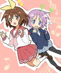 Rule 34 | 2girls, ?, bad id, bad pixiv id, blue eyes, brown eyes, brown hair, castanets, cosplay, costume switch, crossover, hair ornament, hair ribbon, hairband, hairclip, hiiragi tsukasa, hiiragi tsukasa (cosplay), hirasawa yui, hirasawa yui (cosplay), instrument, k-on!, loafers, lucky star, maruki (punchiki), multiple girls, musical note, pantyhose, purple hair, ribbon, school uniform, serafuku, shoes, short hair, surprised