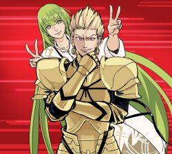 Rule 34 | 1boy, 1other, androgynous, armor, bad id, bad twitter id, blonde hair, closed eyes, collarbone, commentary, double v, earrings, enkidu (fate), fate/grand order, fate/stay night, fate/strange fake, fate (series), fingernails, full armor, gilgamesh (fate), grabbing another&#039;s chin, green eyes, green hair, grin, hair between eyes, hand on another&#039;s chin, jewelry, long hair, male focus, motion lines, natsu yasai, pauldrons, red background, red eyes, robe, shaded face, shoulder armor, smile, toga, v, very long hair, white robe