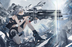 Rule 34 | 1girl, absurdres, animal ear fluff, animal ears, arknights, bare arms, bare shoulders, belt, black belt, black footwear, black gloves, black shorts, boots, bow (weapon), breasts, cat ears, cat tail, chinese commentary, commentary request, crop top, crossbow, fingerless gloves, gloves, hair between eyes, highres, holding, holding bow (weapon), holding crossbow, holding weapon, long hair, medium breasts, midriff, on one knee, pouch, schwarz (arknights), short shorts, shorts, shuaijiaodegentou, silver hair, single glove, sleeveless, solo, stomach, tail, thighhighs, thighs, weapon, yellow eyes