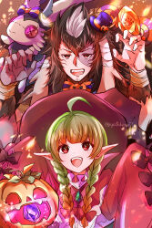 1boy 1girl ahoge bandaged_ear bandaged_wrist bandages black_bow bow brown_hair button_eyes buttons candy claw_pose commentary_request dragonstone facial_hair fangs fire_emblem fire_emblem_awakening fire_emblem_heroes food gem goatee_stubble green_gemstone green_hair halloween_costume hands_up hat highres lollipop mini_hat multicolored_hair nah_(fire_emblem) nah_(halloween)_(fire_emblem) nintendo official_alternate_costume pointy_ears pumpkin purple_hat red_eyes sleeves_past_fingers sleeves_past_wrists stitched_face stitches stubble stuffed_toy twitter_username two-tone_hair white_hair witch_hat yarne_(fire_emblem) yarne_(halloween)_(fire_emblem) yutohiroya