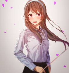 Rule 34 | 10s, 1girl, alternate costume, ashigara (kancolle), black skirt, blurry, blush, brown hair, commentary request, fang, hairband, highres, kantai collection, kitazawa (embers), long hair, long sleeves, open mouth, petals, pointer, red eyes, shirt, skirt, smile, solo, teacher, tree swing cartoon, white shirt, wind