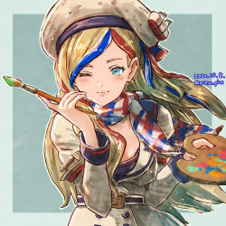 Rule 34 | 1girl, absurdres, beret, blonde hair, blue hair, buttons, commandant teste (kancolle), commentary request, dated, double-breasted, grey background, hat, highres, jacket, kantai collection, long hair, looking at viewer, mitsu plus, multicolored clothes, multicolored hair, multicolored scarf, one-hour drawing challenge, one eye closed, paintbrush, palette (object), red hair, scarf, solo, streaked hair, swept bangs, twitter username, two-tone background, wavy hair, white hair, white jacket