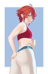 Rule 34 | 1girl, ass, breasts, commentary, contemporary, english commentary, fire emblem, fire emblem fates, hand on own hip, highres, hinoka (fire emblem), looking at viewer, looking back, nintendo, pants, pomelomelon, red hair, red sports bra, short hair, small breasts, solo, sports bra, very short hair, white pants, yoga pants