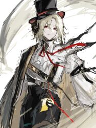 Rule 34 | 1boy, arknights, ascot, black cape, black hair, black hat, black horns, black pants, blonde hair, cape, closed mouth, collared shirt, commentary, cowboy shot, diamante (arknights), english commentary, facial mark, harness, hat, high-waist pants, highres, horns, light smile, long sleeves, looking at viewer, male focus, neck ribbon, pants, parted bangs, pocket watch, puffy long sleeves, puffy sleeves, red eyes, red ribbon, ribbon, shirt, short hair, side cape, sidelocks, sketch, sleeve garter, solo, thigh strap, top hat, torn ascot, torn clothes, watch, wavy hair, weeiskaw, white ascot, white background, white shirt, wind