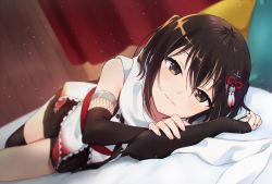 Rule 34 | 1girl, bed, bed sheet, black legwear, blush, brown eyes, brown hair, elbow gloves, fingerless gloves, gloves, hair ornament, ica, indoors, jewelry, kantai collection, lying, on side, ring, scarf, sendai (kancolle), sendai kai ni (kancolle), skirt, smile, solo, two side up, white scarf