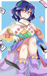 Rule 34 | 1girl, :3, blue background, blue hair, boots, border, bow, card, cirno, cloak, closed mouth, crossed legs, footwear bow, hair between eyes, hairband, heart, highres, holding, holding card, kakineko, looking at viewer, multicolored clothes, multicolored hairband, patchwork clothes, potion, purple footwear, short hair, simple background, sky print, smile, solo, tenkyuu chimata, touhou, white border, wolf, yellow bow, yin yang