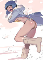 Rule 34 | 1girl, artist name, bikini, bikini under clothes, blue coat, blue hat, breasts, coat, commentary request, dytm, from side, hat, highres, hood, hood down, hooded coat, large breasts, leaning forward, looking at viewer, mittens, one eye closed, open mouth, original, outdoors, pom pom (clothes), side-tie bikini bottom, snow, snow boots, snowing, solo, standing, swimsuit, walking, yellow bikini