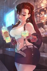 Rule 34 | 1girl, alcohol, bare shoulders, blush, bottle, breasts, brown hair, cleavage, curvy, drunk, final fantasy, final fantasy vii, gloves, highres, large breasts, long hair, midriff, nail polish, navel, open mouth, red eyes, rtil, smile, solo, standing, thick thighs, thighs, tifa lockhart, tongue, wide hips