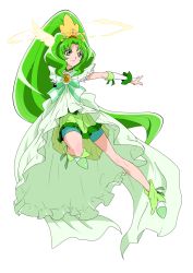 Rule 34 | 10s, 1girl, bike shorts, bike shorts under skirt, bow, cure march, cure march (princess form), dress, green eyes, green hair, green shorts, green skirt, green theme, head wings, highres, long hair, matching hair/eyes, midorikawa nao, nukosann, ponytail, precure, shorts, shorts under skirt, skirt, smile precure!, solo, tri tails, very long hair, wings