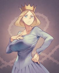Rule 34 | 1girl, blonde hair, blue eyes, breasts, crown, dress, highres, large breasts, looking at viewer, mature female, medium hair, mifu (b24vc1), mature female, ousama ranking, pointy nose, queen, hilling (ousama ranking), solo, white dress