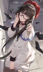 Rule 34 | 1girl, absurdres, alternate costume, arknights, beret, black hair, blunt bangs, chinese commentary, commentary request, detached wings, dress, glasses, grey eyes, hat, highres, hime cut, long hair, long sleeves, looking at viewer, looking up, one eye closed, qaq baiguang, red beret, semi-rimless eyewear, smile, solo, under-rim eyewear, virtuosa (arknights), white dress, wings