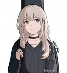 Rule 34 | 1girl, asymmetrical hair, black eyes, black sweater, character name, closed mouth, collarbone, commentary request, earclip, girls band cry, grey hair, highres, instrument case, instrument on back, kawaragi momoka, looking at viewer, masaru (kises j), medium hair, shirt, simple background, solo, sweater, twitter username, white background, white shirt