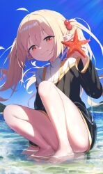 Rule 34 | 1girl, absurdres, blonde hair, blue sky, blush, borrowed character, commission, highres, hoplitx, long hair, looking at viewer, pixiv commission, pointy ears, red eyes, sky, solo, starfish, tagme, thighs, twintails, water