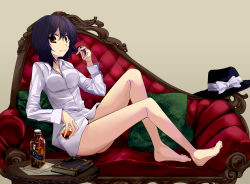 Rule 34 | 1girl, alcohol, bad id, bad pixiv id, black hair, book, bottomless, breasts, brown eyes, couch, enclosed, full body, twirling hair, hat, unworn hat, unworn headwear, looking at viewer, scotch (blaze), short hair, smile, solo, touhou, usami renko