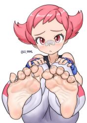 Rule 34 | 1girl, baggy pants, bandaid, bandaid on face, bandaid on nose, barefoot, blush, creatures (company), feet, female focus, fingerless gloves, foot focus, foreshortening, game freak, gloves, gym leader, hands on knee, looking at viewer, maylene (pokemon), nintendo, pants, pink eyes, pink hair, pokemon, pokemon dppt, simple background, soles, solo, spread toes, toes, tomboy, tsukimaru (ls 99ml), twitter username, white background