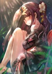 Rule 34 | 1girl, bare legs, barefoot, black kimono, blush, breasts, clenched teeth, flower, girls&#039; frontline, hair flower, hair ornament, hair ribbon, hand fan, hand up, himonoata, japanese clothes, kimono, large breasts, long hair, looking at viewer, off shoulder, one side up, paper fan, purple hair, red eyes, ribbon, sitting, sleeves past wrists, solo, sunlight, tearing up, teeth, uchiwa, very long hair, wa2000 (girls&#039; frontline), wide sleeves