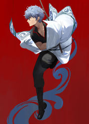 Rule 34 | 1boy, belt, black eyes, boots, closed mouth, from side, full body, gintama, hadanugi dousa, highres, japanese clothes, jumping, kimono, looking to the side, male focus, modare, open clothes, open kimono, open shirt, pants, pectoral cleavage, pectorals, red background, sakata gintoki, short sleeves, silver hair, solo, sword, weapon, wood, wooden sword