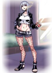 Rule 34 | 1girl, absurdres, black nails, breasts, cigarette, cigarette pack, collar, commission, earrings, eyeliner, fishnet pantyhose, fishnets, full body, ga320aaa, grey eyes, grey hair, hand on own hip, highres, jacket, jewelry, large breasts, long hair, looking at viewer, makeup, midriff, mole, mole under mouth, nail polish, navel, navel piercing, original, pantyhose, piercing, pixiv commission, shorts, smoking, solo, toeless footwear, toenail polish, toenails, variant set