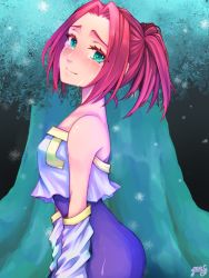 Rule 34 | 1girl, bare shoulders, breasts, closed mouth, crying, crying with eyes open, detached sleeves, fuyuto tsuki, green eyes, legaia densetsu, looking at viewer, noa (legaia densetsu), ponytail, red hair, short hair, short ponytail, small breasts, smile, solo, strapless, tears, tree, tube top, unitard