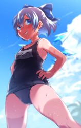 Rule 34 | 1girl, bare arms, bare legs, bare shoulders, black one-piece swimsuit, blue bow, blue eyes, blue hair, blush, bow, cirno, collarbone, day, fairy, grin, hair between eyes, hair bow, hands on own hips, ice, ice wings, name tag, nooca, one-piece swimsuit, school uniform, short hair, smile, solo, swimsuit, tan, tanline, touhou, wings