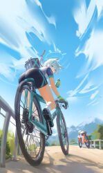 Rule 34 | 1girl, absurdres, animal ear fluff, animal ears, ass, bicycle, bike jersey, bike shorts, blue archive, blue eyes, blue sky, bottle, breasts, cloud, cross hair ornament, cycling uniform, day, extra ears, from behind, gloves, green gloves, grey hair, hair ornament, halo, highres, holding, holding bottle, looking at viewer, looking back, meinoss, mountain, official alternate costume, outdoors, riding, riding bicycle, road bicycle, shiroko (blue archive), shiroko (cycling) (blue archive), short sleeves, sky, small breasts, solo, water bottle, wolf ears
