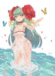 Rule 34 | 1girl, absurdres, ahoge, animal, bare shoulders, blue butterfly, blush, bow, bug, butterfly, destiny child, dress, earrings, flower, flower earrings, frills, green hair, hair bow, heiyu, highres, insect, jewelry, long hair, navel, open mouth, petals, pomona (destiny child), purple butterfly, red flower, rose, see-through, signature, solo, standing, teeth, water, wet, white dress, white flower, yellow butterfly, yellow eyes, yellow flower
