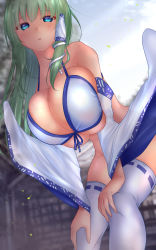 Rule 34 | 1girl, bent over, bikini, bikini top only, blue eyes, blush, breasts, commission, detached sleeves, frog hair ornament, green hair, hair ornament, hair tubes, hands on own knees, hanging breasts, highres, huge breasts, japanese clothes, kochiya sanae, leaning forward, long hair, looking at viewer, miko, no panties, nontraditional miko, pixiv commission, shounen (hogehoge), snake hair ornament, solo, swimsuit, touhou, white legwear, wide sleeves