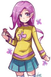 Rule 34 | 1girl, bird, bird on hand, blue eyes, blush, breasts, bug, butterfly, fluttershy, hua (hua113), insect, long hair, looking at viewer, my little pony, my little pony: friendship is magic, personification, pointy ears, purple hair, simple background, sketch, skirt, smile, solo, thighhighs, white background, white legwear