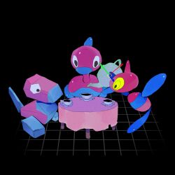 Rule 34 | black background, commentary, creatures (company), cup, english commentary, evolutionary line, game freak, gen 1 pokemon, gen 2 pokemon, gen 4 pokemon, highres, huo jian, nintendo, no humans, pokemon, pokemon (creature), porygon, porygon-z, porygon2, simple background, table, teacup, teapot, xyz axis