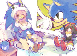 Rule 34 | 1girl, bad id, bad pixiv id, bed, breast rest, breasts, cleavage, cosplay, costume, crossover, cup, hat, large breasts, name connection, nitroplus, pillow, pink hair, red eyes, shadow the hedgehog, sonic the hedgehog, sonic (series), stuffed toy, super sonico