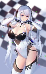 Rule 34 | 1girl, armpits, azur lane, blue eyes, blurry, blush, breasts, checkered flag, cleavage, cowboy shot, depth of field, dress, elbow gloves, flag, gloves, headphones, highres, illustrious (azur lane), large breasts, leotard, long hair, looking at viewer, mole, mole under eye, race queen, smile, solo, standing, swd3e2, thighhighs, thighs, white gloves, white hair, white thighhighs