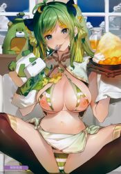 Rule 34 | 1girl, absurdres, antenna hair, artist name, bikini, black eyes, black thighhighs, blonde hair, blush, bowl, breasts, cleavage, closed mouth, cloud, criss-cross halter, double bun, food, green bikini, green hair, grey eyes, hair bun, halterneck, highres, hougu souji, indian style, large breasts, long hair, looking at viewer, melonbooks, multicolored hair, navel, nipples, pitcher (container), puppet, scan, sidelocks, sitting, smile, solo, spoon, spread legs, striped bikini, striped clothes, swimsuit, thighhighs, twintails, two-tone hair, window