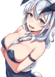 Rule 34 | 1girl, absurdres, animal ears, black leotard, blue eyes, blush, breasts, cleavage, fake animal ears, fake tail, hair between eyes, highres, kantai collection, kiritto, large breasts, leotard, long hair, looking at viewer, one side up, open mouth, rabbit ears, rabbit tail, silver hair, simple background, solo, suzutsuki (kancolle), tail, upper body, white background